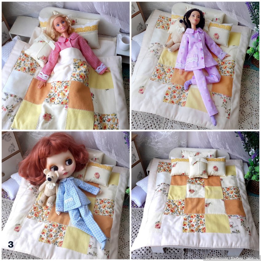 3 комплекта постельного белья пэчворк для Блайз, Барби и других кукол формата 1:6 (фото 8)