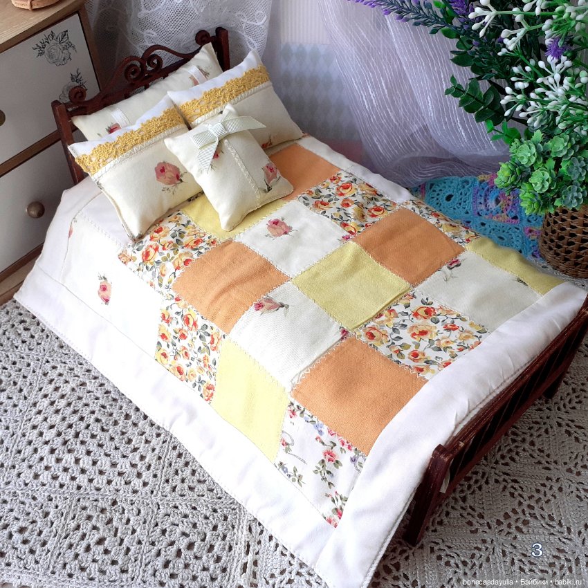 3 комплекта постельного белья пэчворк для Блайз, Барби и других кукол формата 1:6 (фото 5)