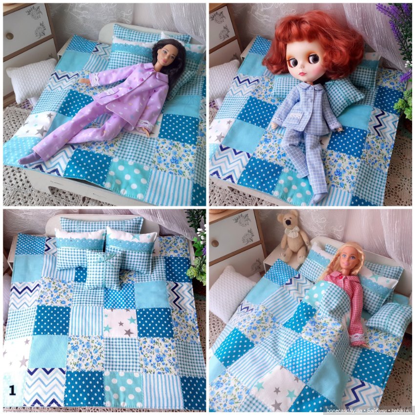 3 комплекта постельного белья пэчворк для Блайз, Барби и других кукол формата 1:6 (фото 7)
