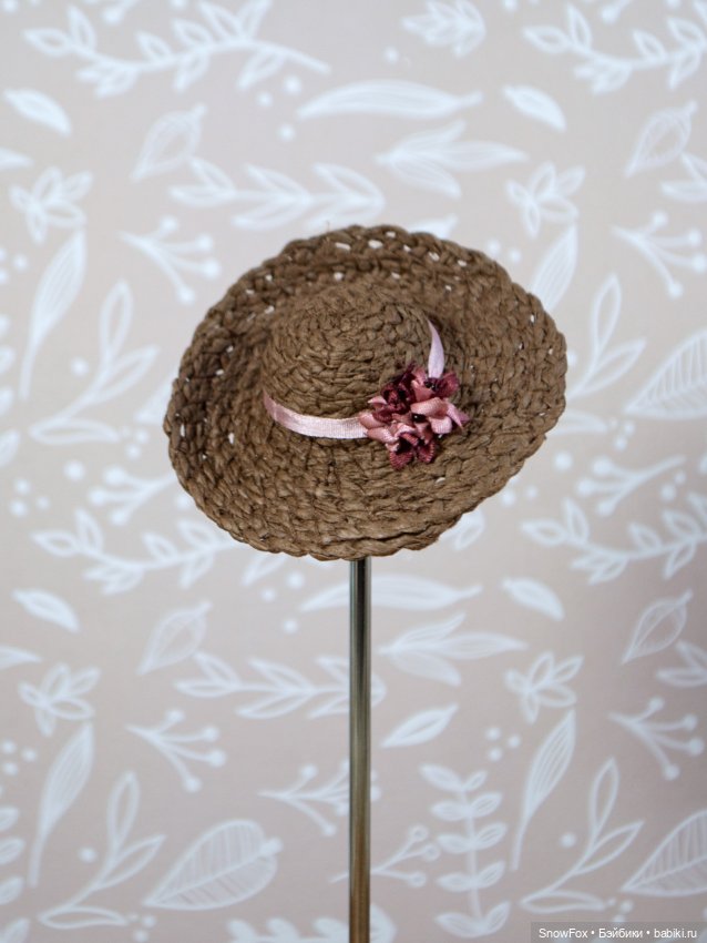Соломенная шляпка "Розовые цветы" для кукол 1:6 (обхват головы 9,5 см) (фото 3)