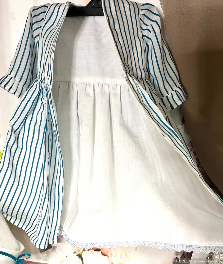 Платье и шляпка для антикварной, винтажной куклы в морском стиле (фото 7)