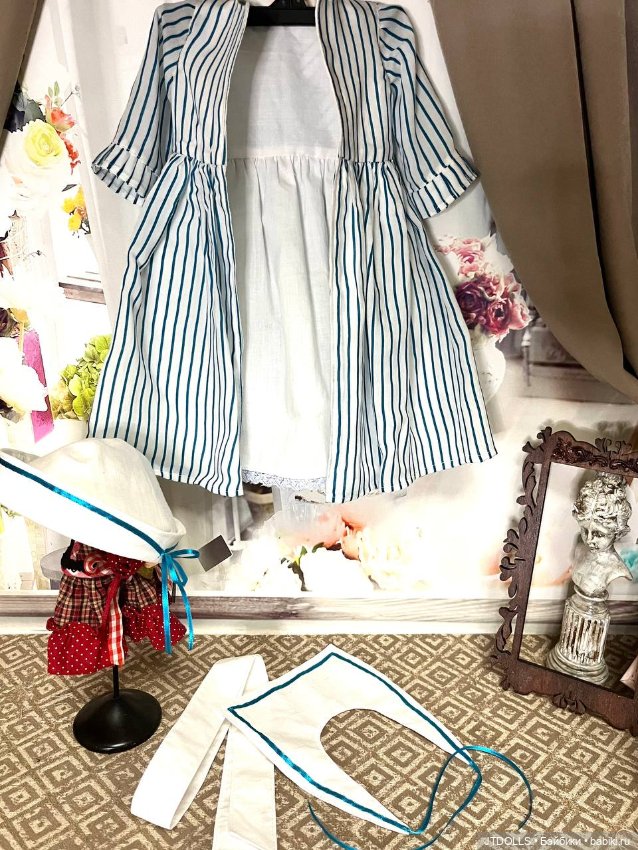 Платье и шляпка для антикварной, винтажной куклы в морском стиле (фото 6)