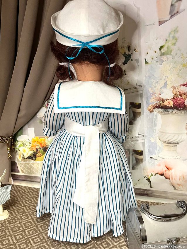 Платье и шляпка для антикварной, винтажной куклы в морском стиле (фото 5)