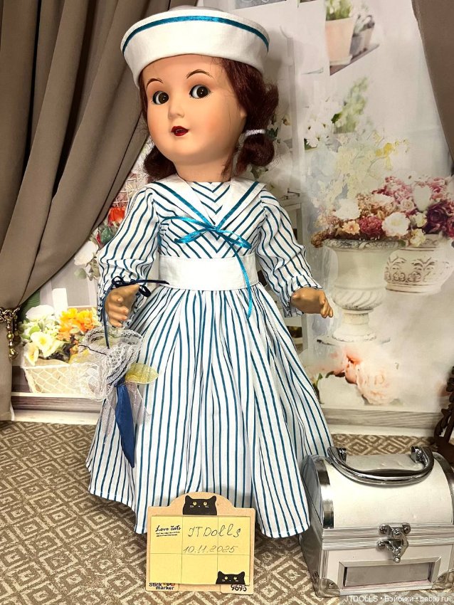 Платье и шляпка для антикварной, винтажной куклы в морском стиле (фото 8)