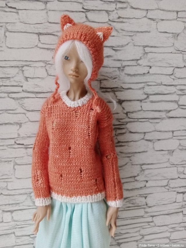 Одежда на БЖД 1/4 36-40 см Марии Жуковой джемпер лакшери рвань и шапочка - лисичка (фото 3)