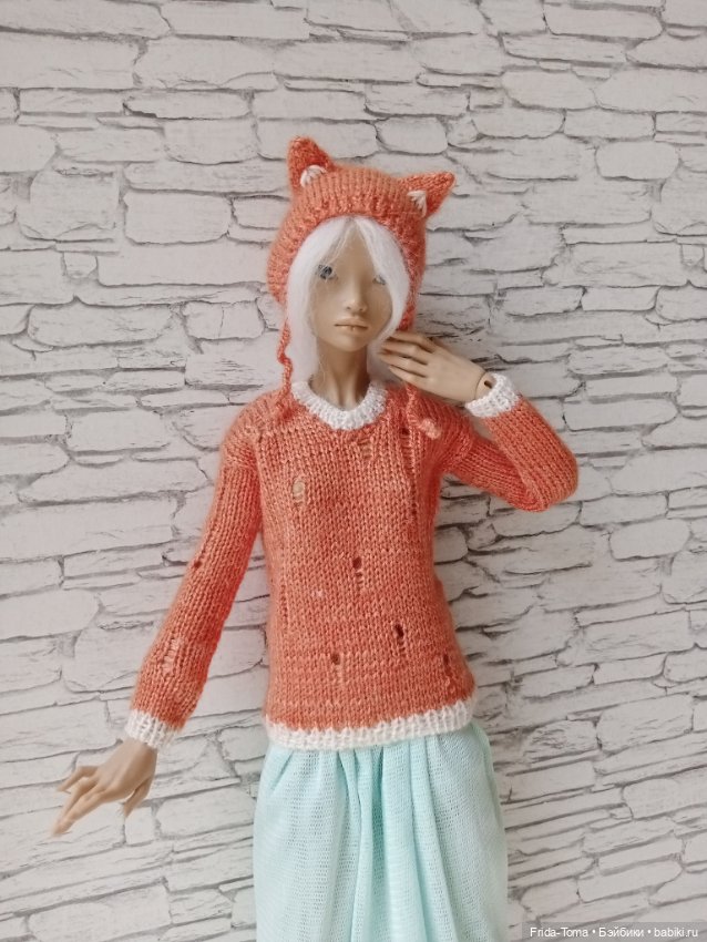 Одежда на БЖД 1/4 36-40 см Марии Жуковой джемпер лакшери рвань и шапочка - лисичка (фото 4)