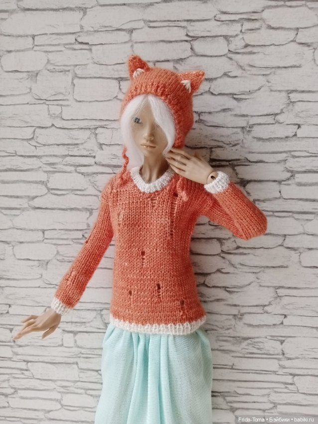 Одежда на БЖД 1/4 36-40 см Марии Жуковой джемпер лакшери рвань и шапочка - лисичка (фото 5)