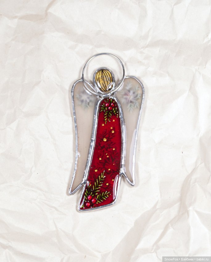 Витражный ангел "Красные цветы" в технике Тиффани (фото 4)