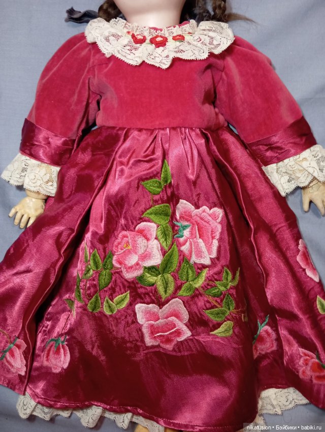 Платье шёлк и шляпка из бархата на антикварную, винтажную куклу или реплику (фото 4)