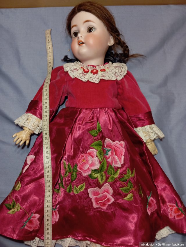 Платье шёлк и шляпка из бархата на антикварную, винтажную куклу или реплику (фото 7)