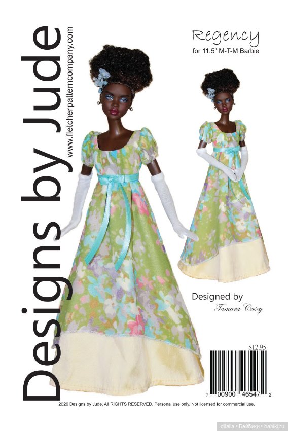 Выкройка PDF в натуральную величину / Платье в стиле эпохи регентства для куклы Barbie MTM (Барби)