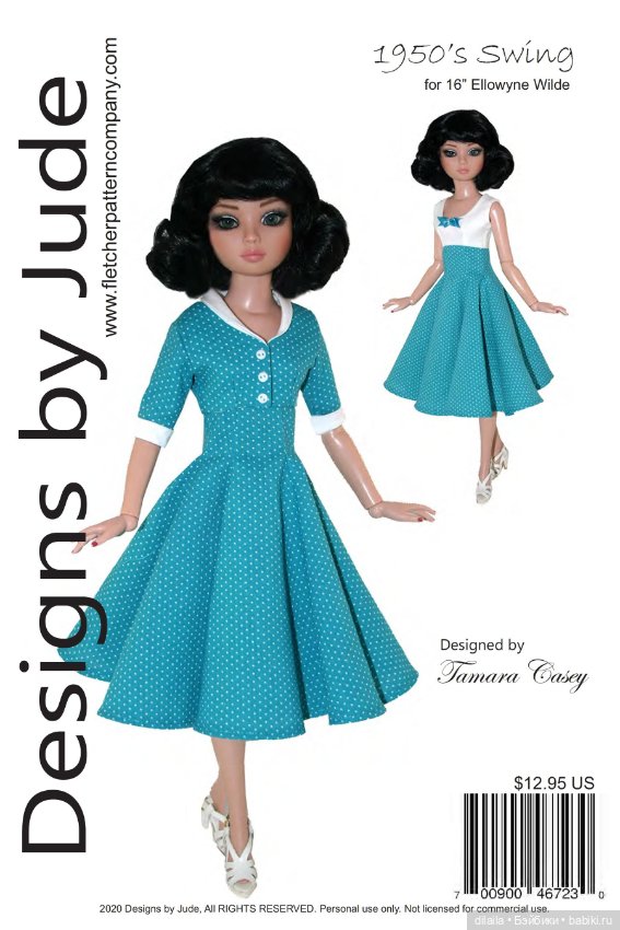 Выкройка PDF в натуральную величину / платье и жакет в стиле 1950-х для куклы Элловайн Тоннер 40 см