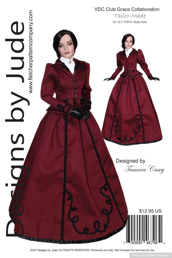 Выкройка PDF в натуральную величину / прогулочный костюм 1890-х годов для кукол Тоннер Tonner 41 см