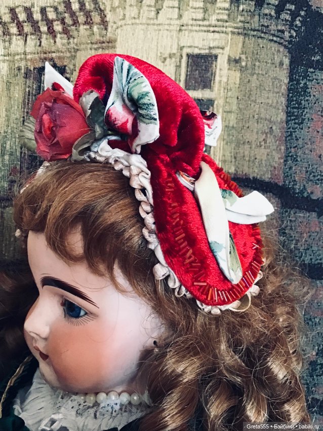 Бонет для антикварных кукол и реплик « Карминная Роза « (фото 9)