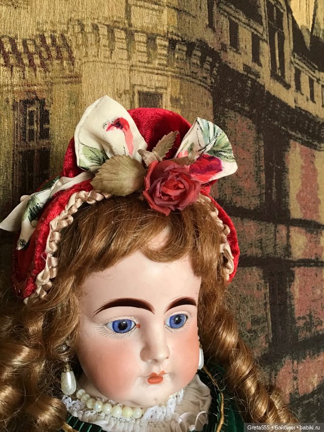 Бонет для антикварных кукол и реплик « Карминная Роза « (фото 7)