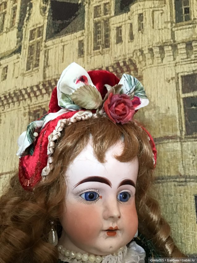 Бонет для антикварных кукол и реплик « Карминная Роза « (фото 4)