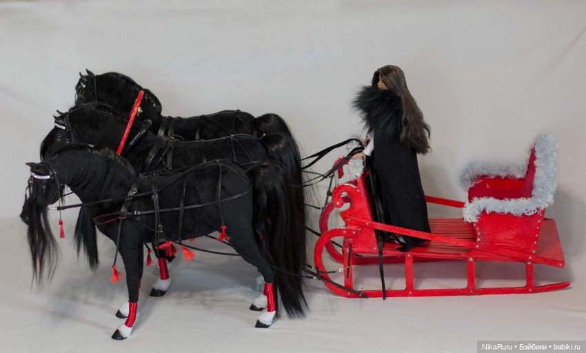 Русская тройка, лошади для Барби, сани, формат 1/6 в смешанной технике