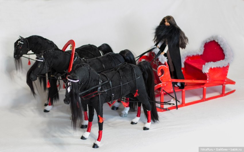 Русская тройка, лошади для Барби, сани, формат 1/6 в смешанной технике (фото 2)