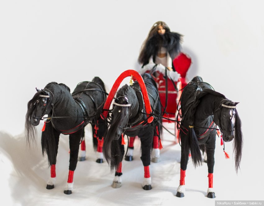 Русская тройка, лошади для Барби, сани, формат 1/6 в смешанной технике (фото 3)