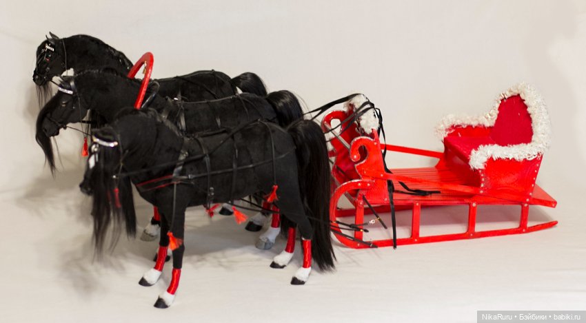 Русская тройка, лошади для Барби, сани, формат 1/6 в смешанной технике (фото 6)