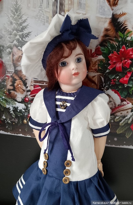 Сатиновое платье в морском стиле на антикварных кукол и реплик ростом 45см (фото 2)