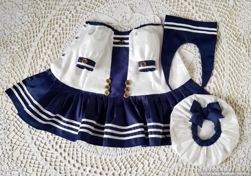 Сатиновое платье в морском стиле на антикварных кукол и реплик ростом 45см (фото 3)