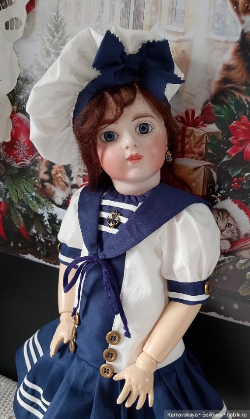 Сатиновое платье в морском стиле на антикварных кукол и реплик ростом 45см (фото 5)