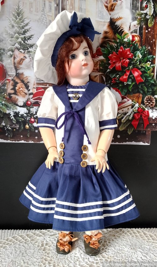 Сатиновое платье в морском стиле на антикварных кукол и реплик ростом 45см (фото 4)