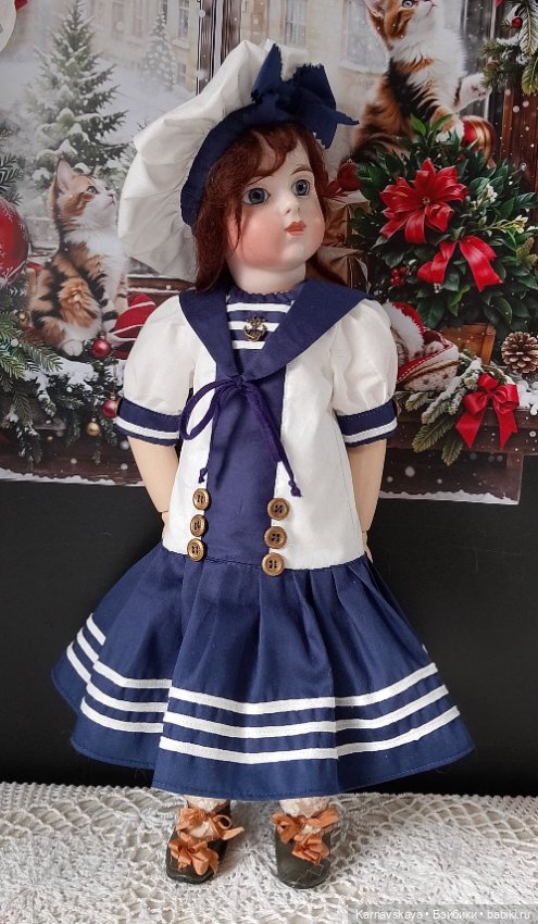 Сатиновое платье в морском стиле на антикварных кукол и реплик ростом 45см