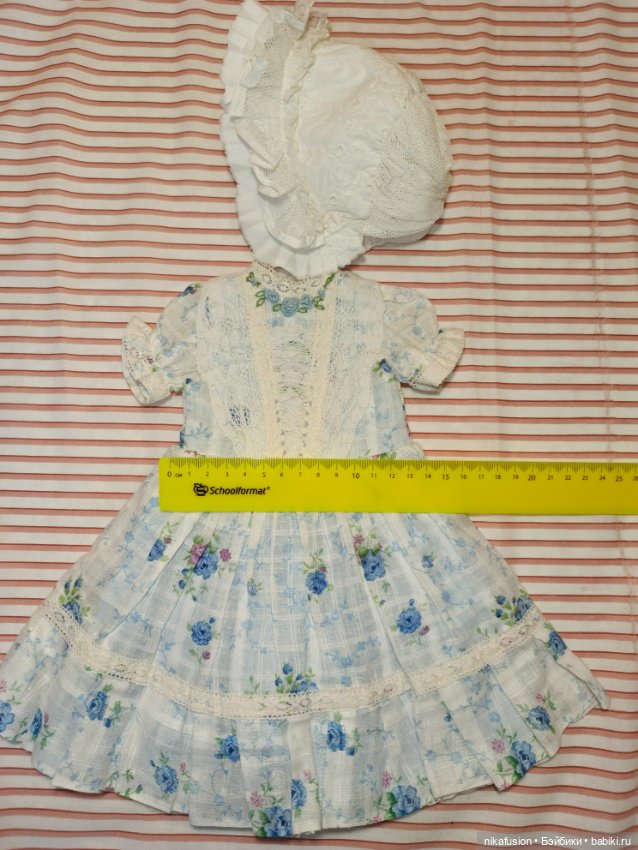 Летний комплект платье и чепчик - боннет для антикварной или винтажной куклы (фото 6)