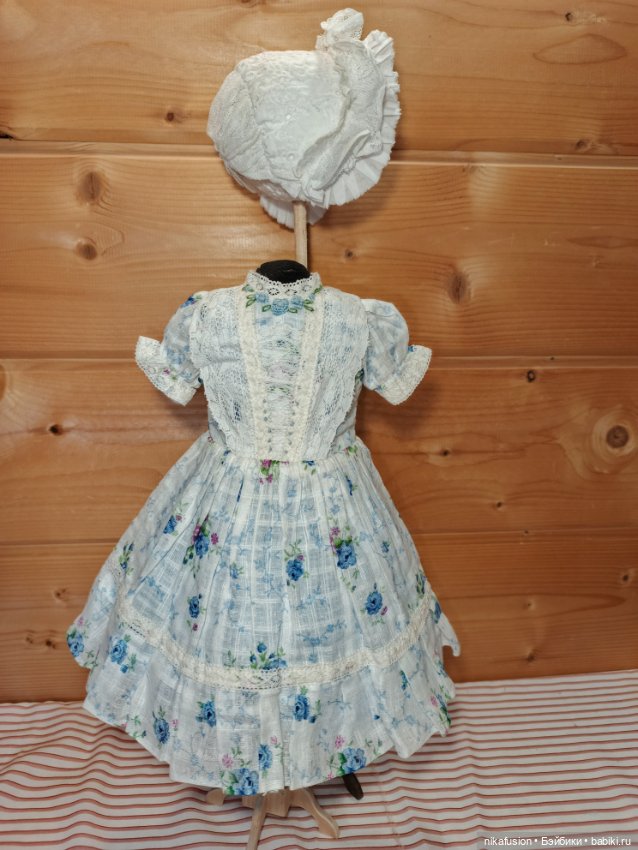 Летний комплект платье и чепчик - боннет для антикварной или винтажной куклы (фото 2)