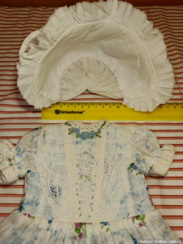 Летний комплект платье и чепчик - боннет для антикварной или винтажной куклы (фото 9)