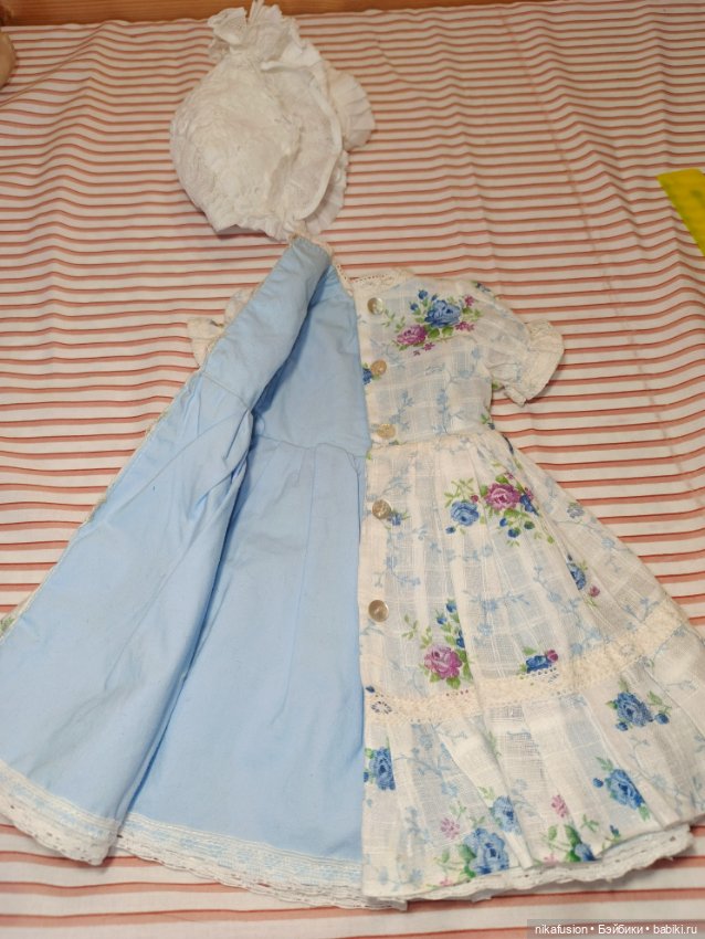 Летний комплект платье и чепчик - боннет для антикварной или винтажной куклы (фото 8)