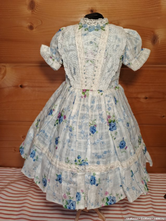 Летний комплект платье и чепчик - боннет для антикварной или винтажной куклы (фото 3)