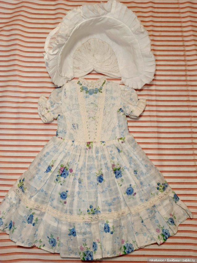 Летний комплект платье и чепчик - боннет для антикварной или винтажной куклы (фото 5)