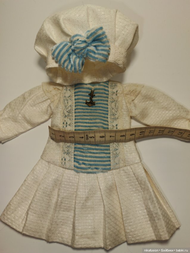Платье лён в морском стиле на антикварную или винтажную куклу 28-30 см (фото 6)
