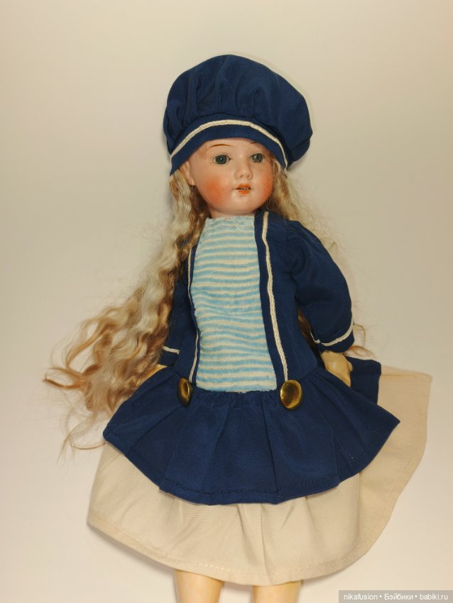 Платье шелк в морском стиле на антикварную или винтажную куклу 28-30 см
