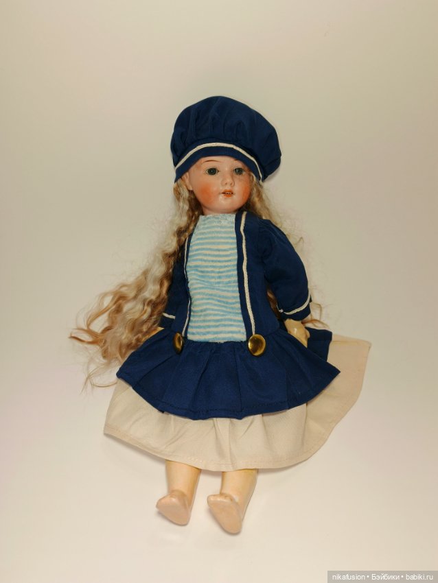 Платье шелк в морском стиле на антикварную или винтажную куклу 28-30 см (фото 3)