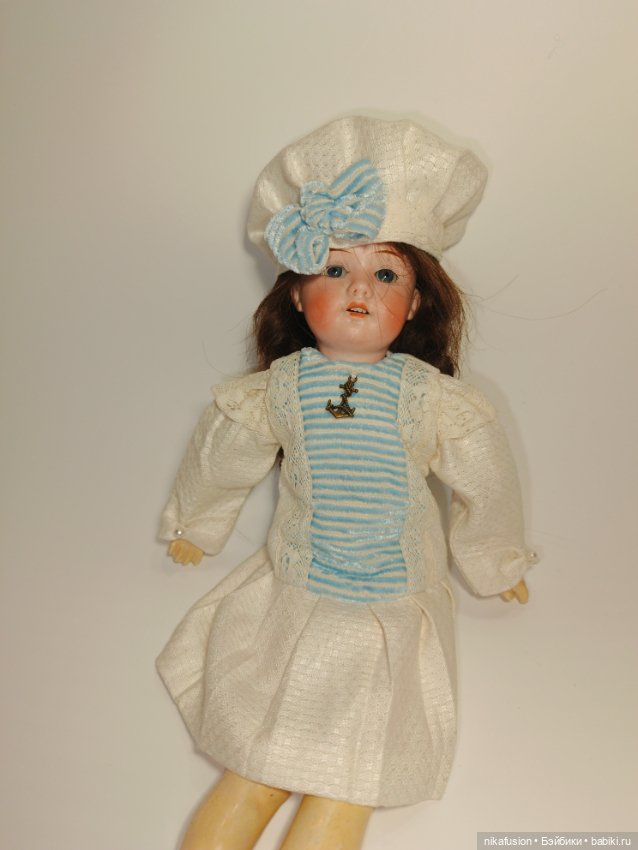 Платье лён в морском стиле на антикварную или винтажную куклу 28-30 см