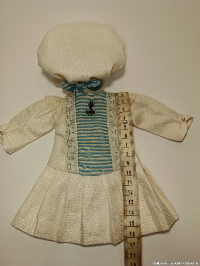 Платье лён в морском стиле на антикварную или винтажную куклу 28-30 см (фото 5)