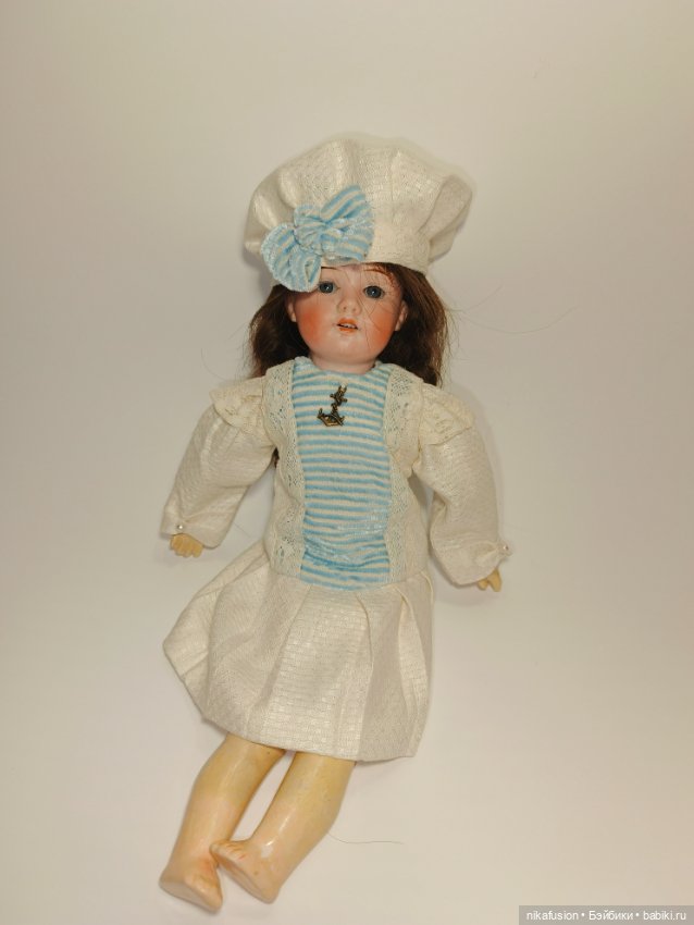 Платье лён в морском стиле на антикварную или винтажную куклу 28-30 см (фото 2)