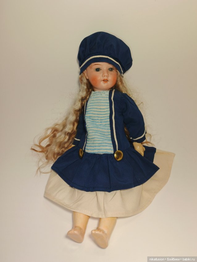 Платье шелк в морском стиле на антикварную или винтажную куклу 28-30 см (фото 2)