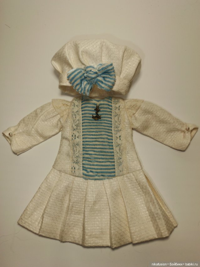 Платье лён в морском стиле на антикварную или винтажную куклу 28-30 см (фото 4)