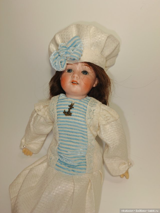 Платье лён в морском стиле на антикварную или винтажную куклу 28-30 см (фото 3)
