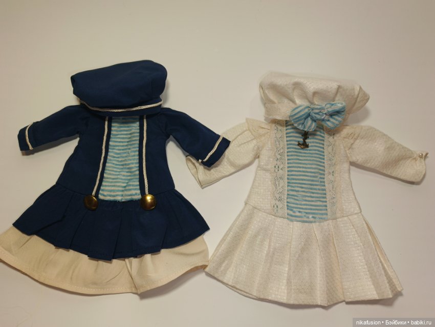 Платье лён в морском стиле на антикварную или винтажную куклу 28-30 см (фото 8)