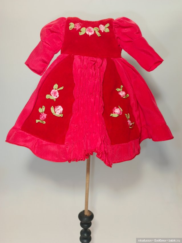 Платье бархат и шелк на антикварную или винтажную куклу рост 28-30 см (фото 5)