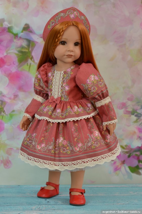 Нарядное платье для кукол Готц "Русские узоры" (№2 винтажный красный) (фото 3)