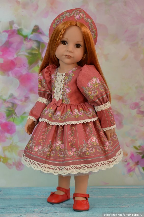 Нарядное платье для кукол Готц "Русские узоры" (№2 винтажный красный) (фото 7)