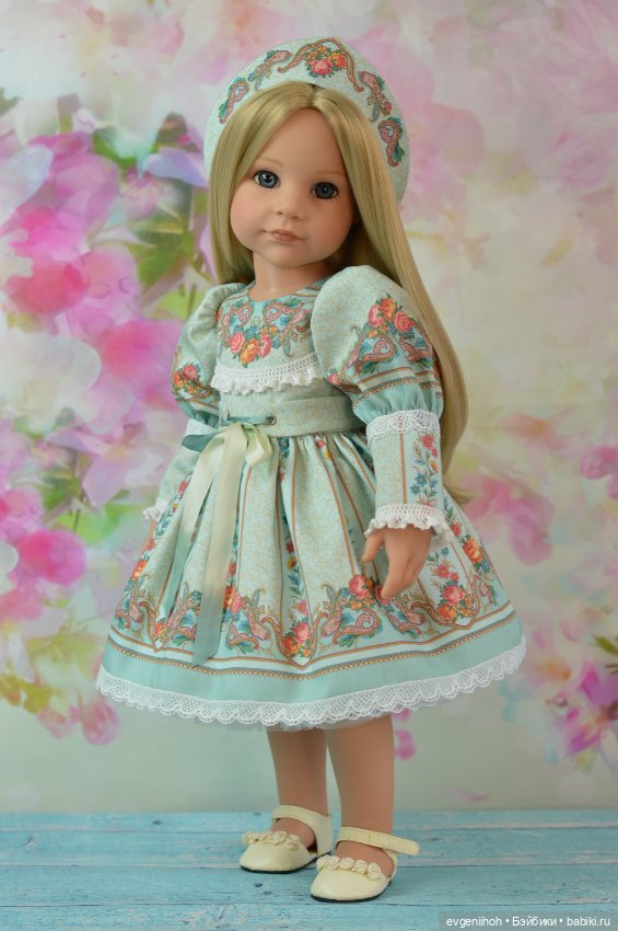 Нарядное платье для кукол Готц "Русские узоры" (№1 мятное) (фото 5)
