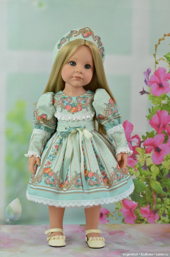 Нарядное платье для кукол Готц "Русские узоры" (№1 мятное) (фото 8)